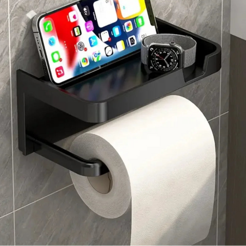 Suporte de porta preto para papel higiênico.